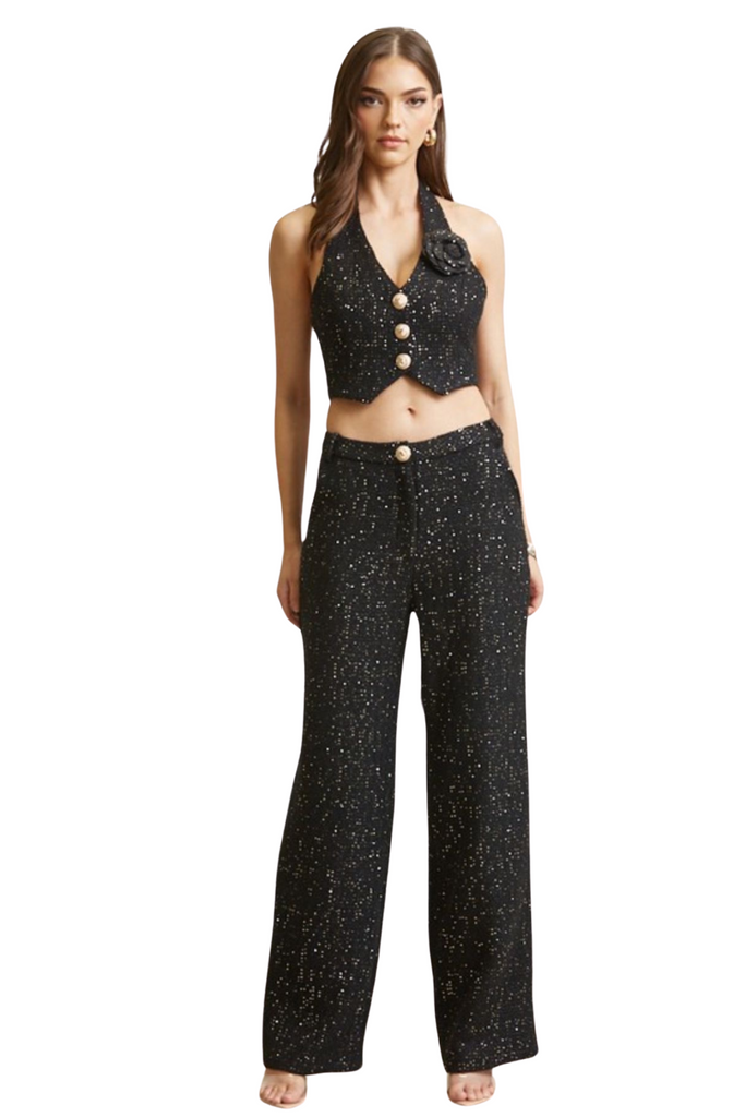 Neresa Tweed Vest Pants Set-PANTS SETS-Black-S-Intrigue