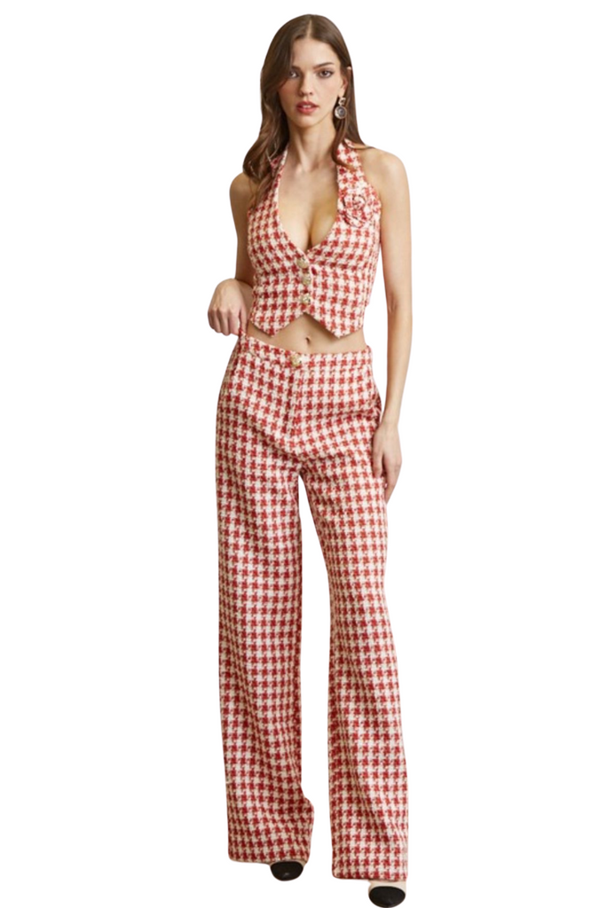 Neresa Tweed Vest Pants Set-PANTS SETS-Houndstooth Red-S-Intrigue